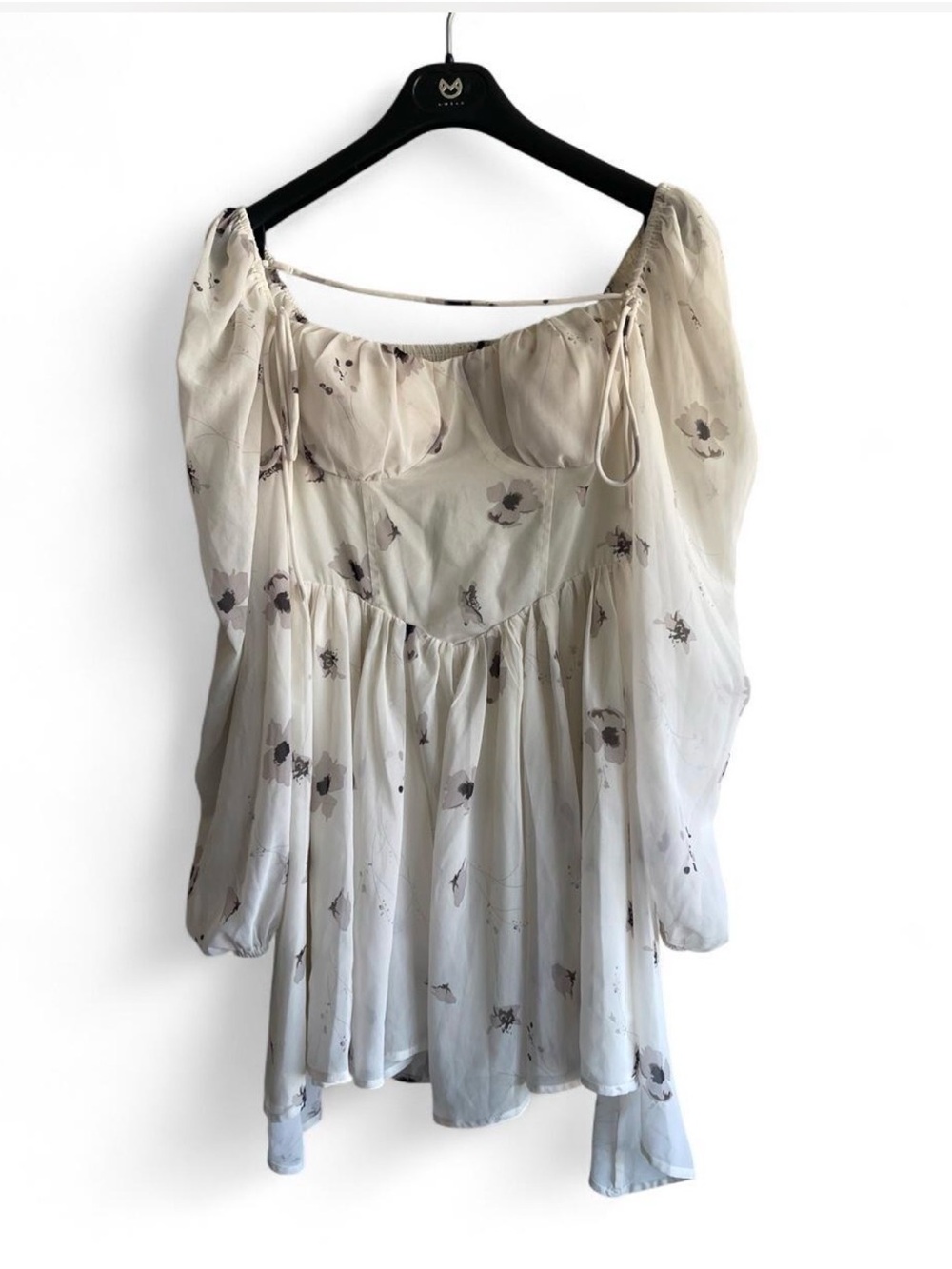 K-Fashion Floral Chiffon Puff Sleeve Smocked Corset Fairy Mini Dress | Cream M - Picture 3 of 16
